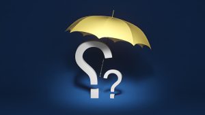 A yellow umbrella above large question marks on a blue background, symbolizing protection and uncertainty.
